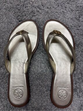 Tory Burch Metallic Gold Logo Thong Sandals